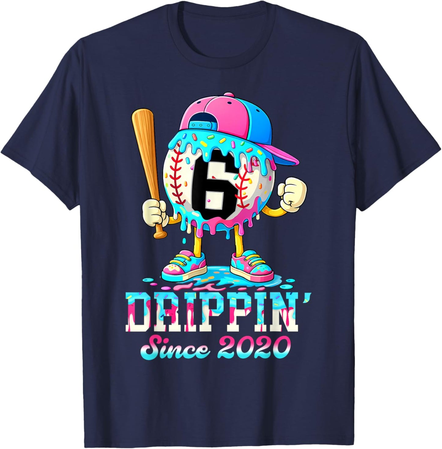 Baseball 6 Years Old Since 2020 Ice Cream 6th Birthday Boys T-Shirt - T-Shirt | Navy
