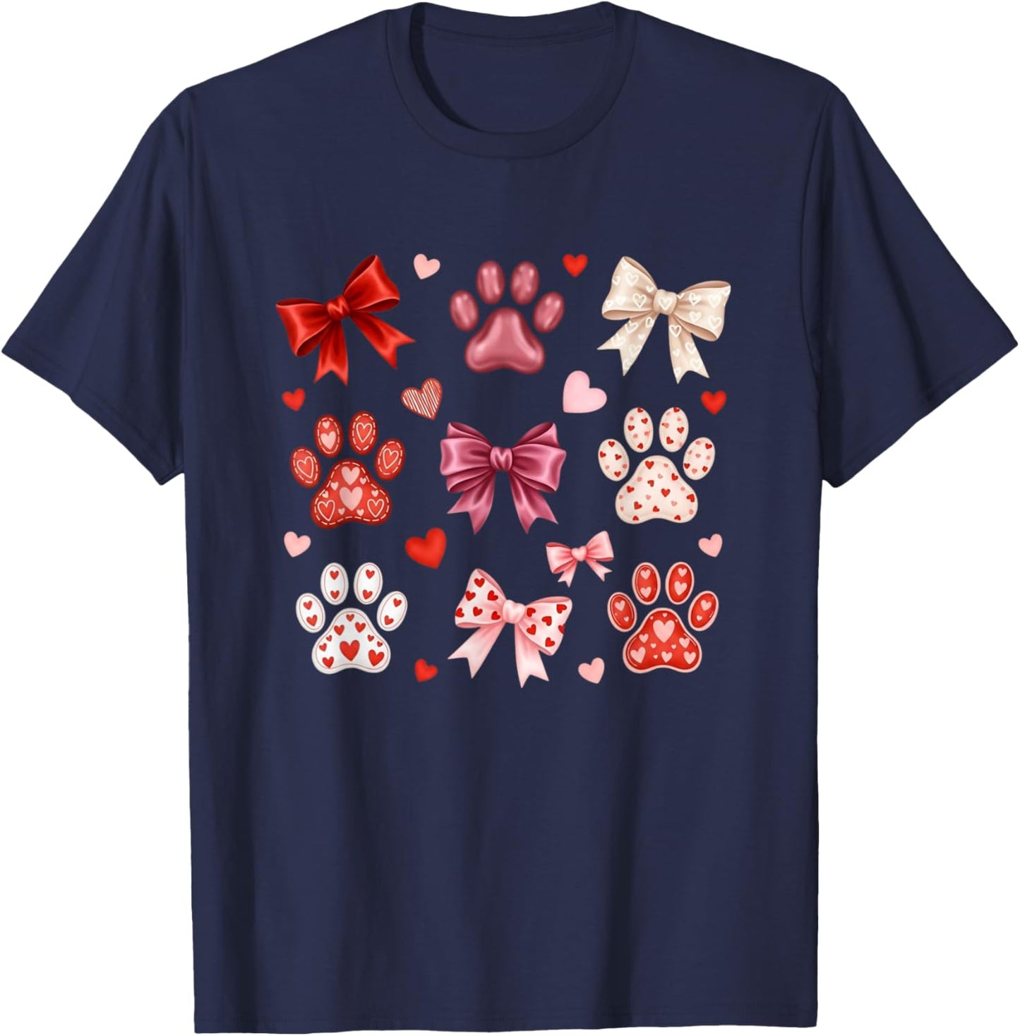 Cute Dog & Cat Paw Valentines Coquette Bow Women Girls T-Shirt - T-Shirt | Navy
