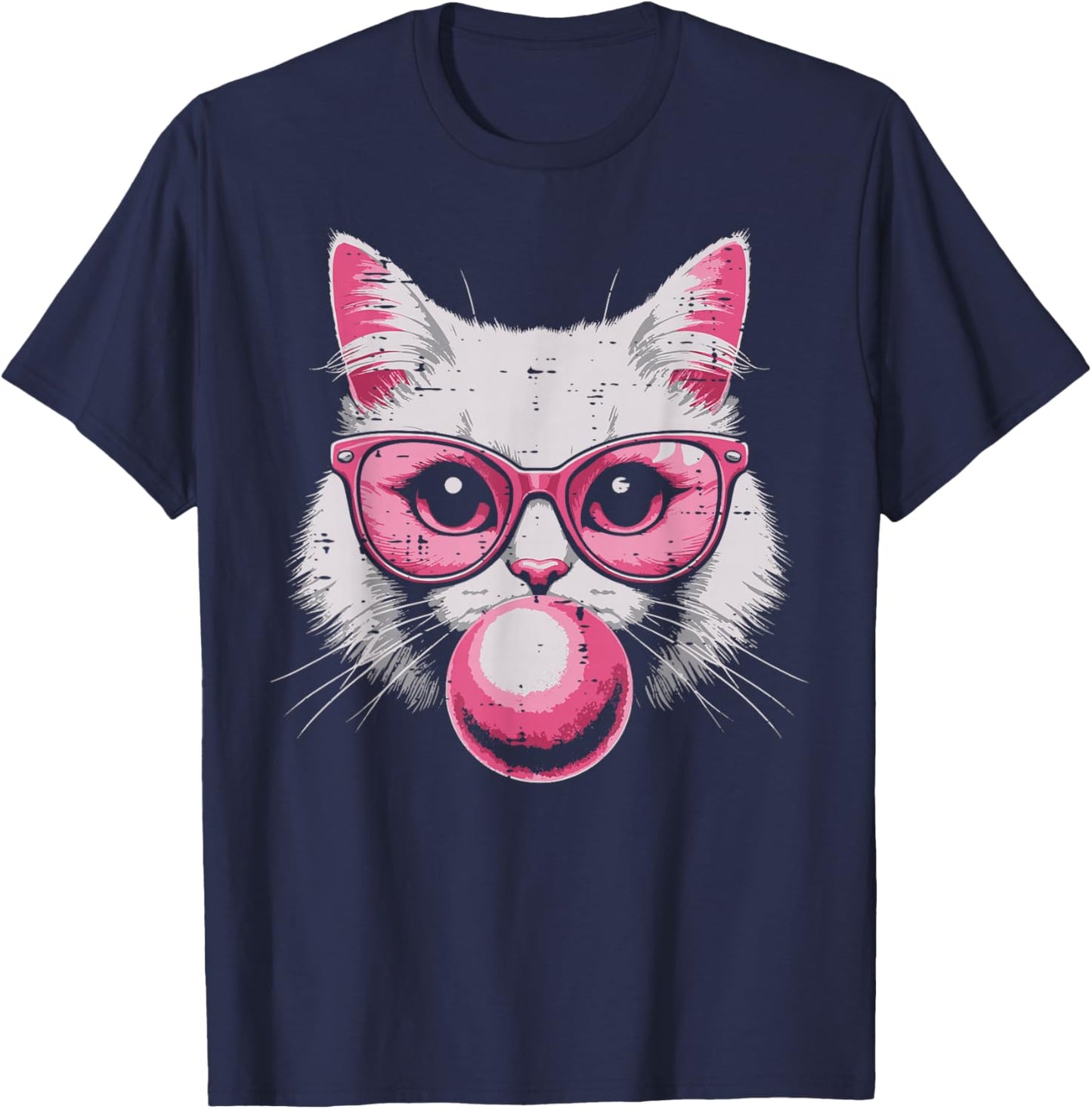 Cat Face Pink Glasses Bubble Gum Cute Kitty Women Girls Kids T-Shirt - T-Shirt | Navy