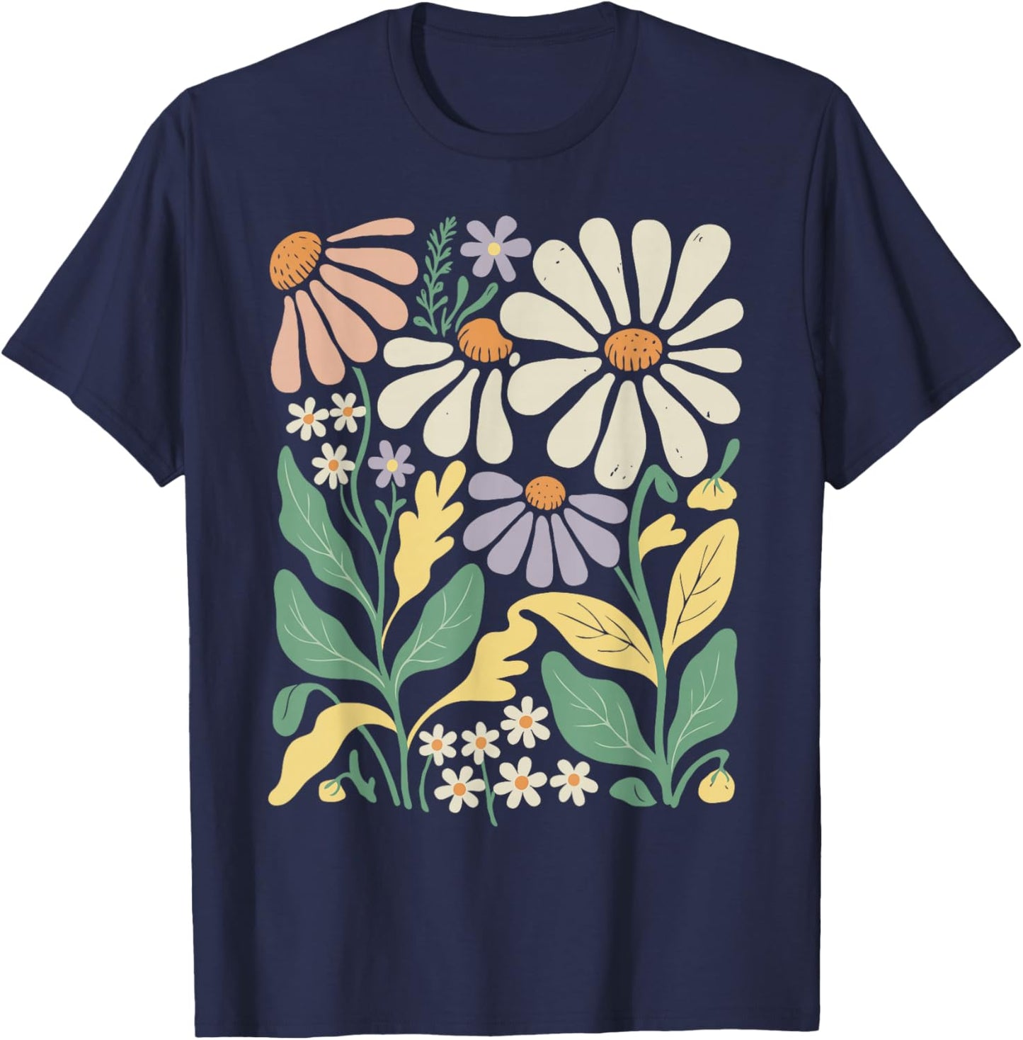 Retro Wildflowers Flowers Pattern Summer Spring Boho Vintage T-Shirt - T-Shirt | Navy