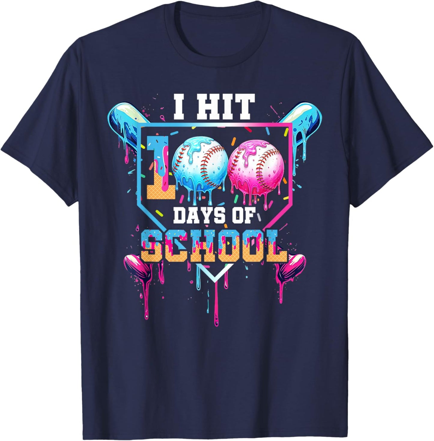 Baseball Ice Cream Drip I Hit 100 Days of School Boys Kids T-Shirt - T-Shirt | Navy