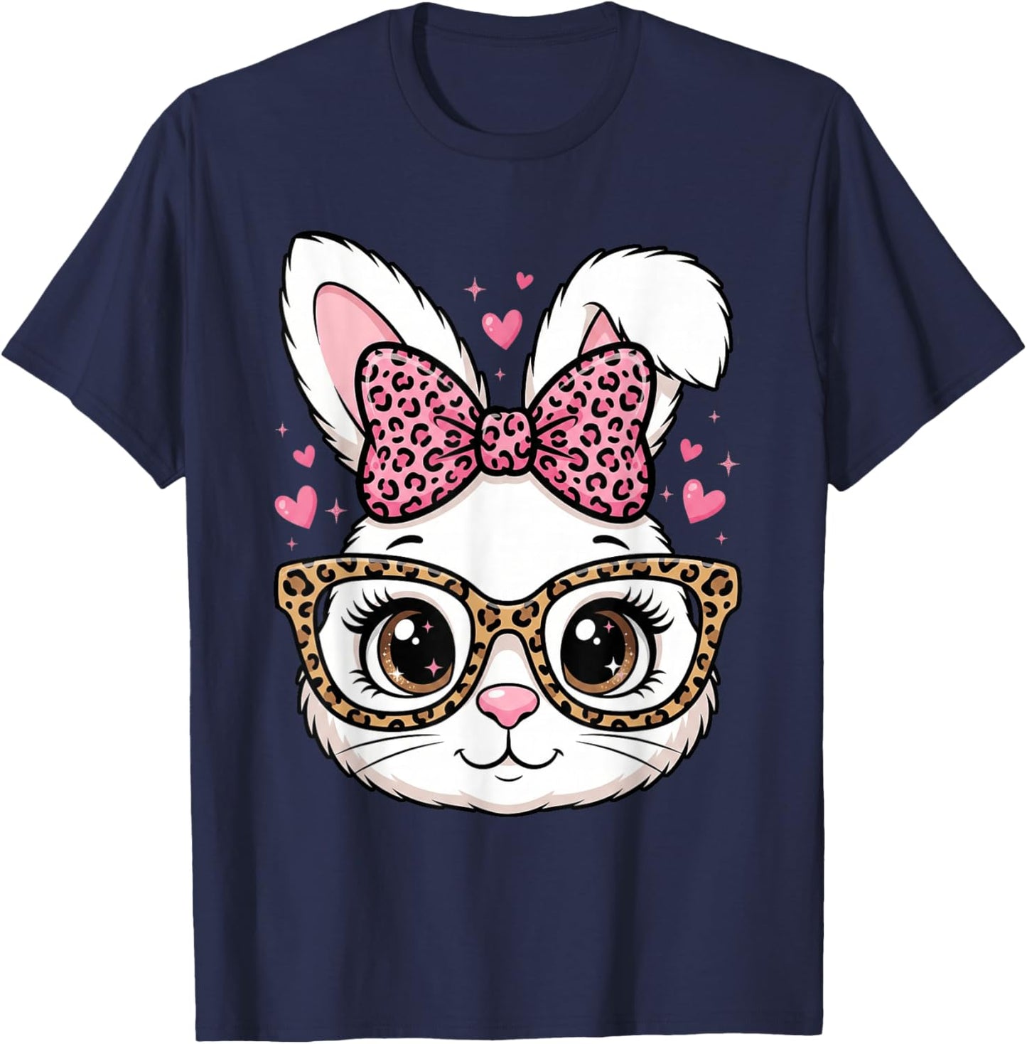 Cute Easter Rabbit Face Leopard Bow Sunglasses Bunny Girls T-Shirt - T-Shirt | Navy