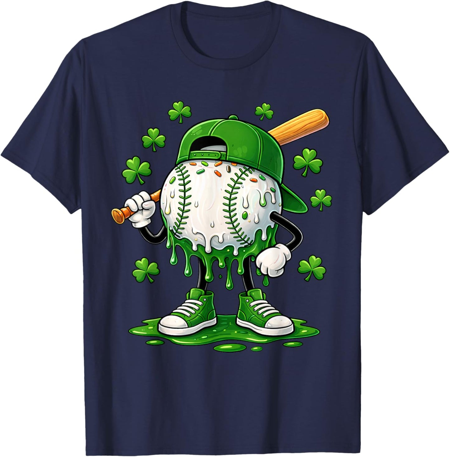 Baseball St Patricks Day Boys Kids Sport Drip Green Shamrock T-Shirt - T-Shirt | Navy