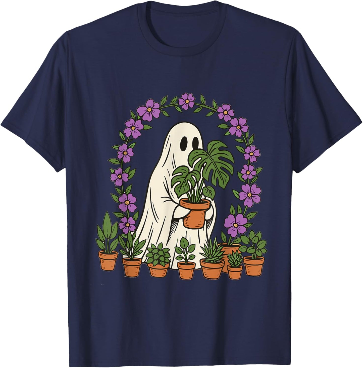 Funny Cute Ghost Monstera Spooky Plant Lover T-Shirt - T-Shirt | Navy