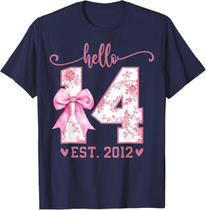 Hello Fourteen EST 2012 14th Birthday Coquette 14 Year Girl T-Shirt - T-Shirt | Navy