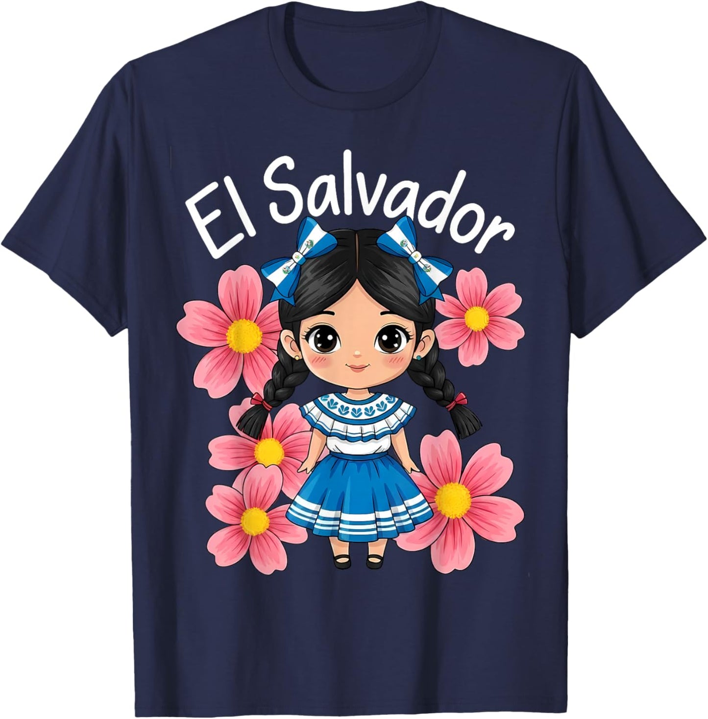 Salvadoran Flag Hispanic Heritage Cute El Salvador Girl Kids T-Shirt - T-Shirt | Navy
