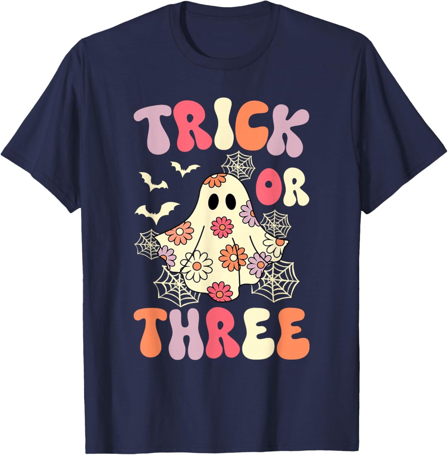Trick Or Three 3 Years Old Birthday Groovy Ghost Halloween T-Shirt - T-Shirt | Navy