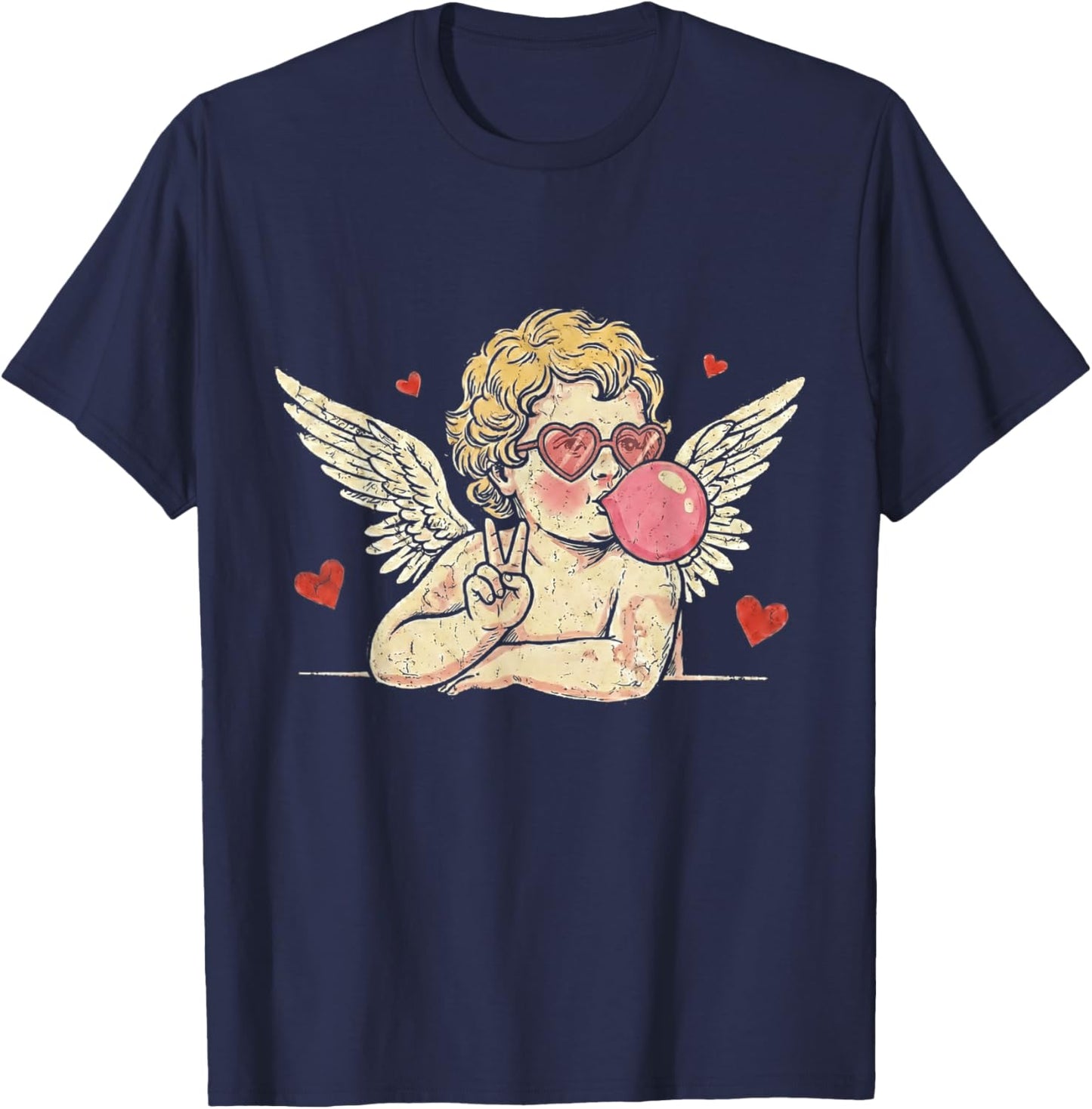 Retro Vintage Valentine Day Peace Sign Cupid Blowing Bubble T-Shirt - T-Shirt | Navy