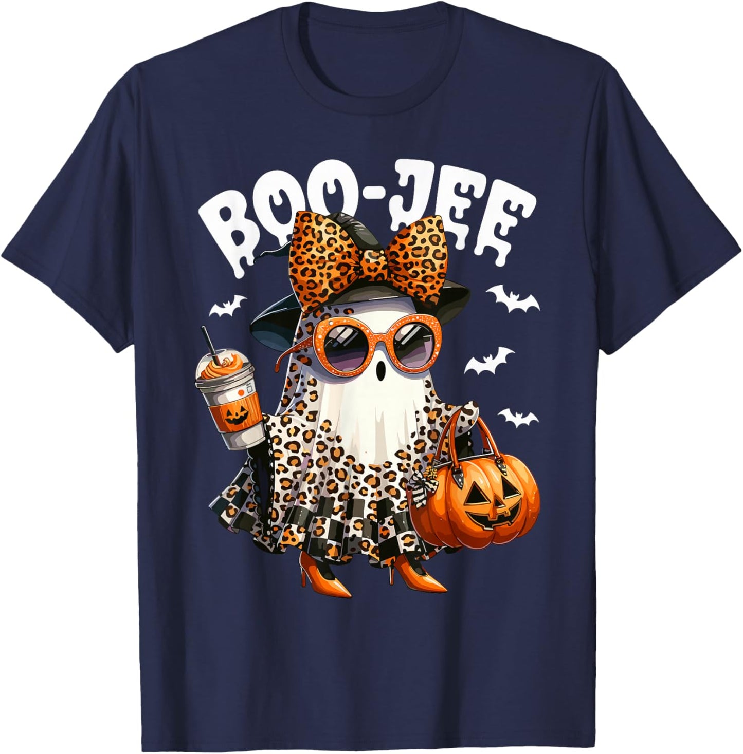 Boo JEE Ghost Boojee Leopard Bow Spooky Vibes Halloween T-Shirt - T-Shirt | Navy