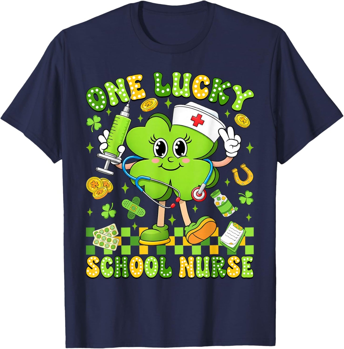One Lucky School Nurse St Patricks Day Shamrock Irish Women T-Shirt - T-Shirt | Navy