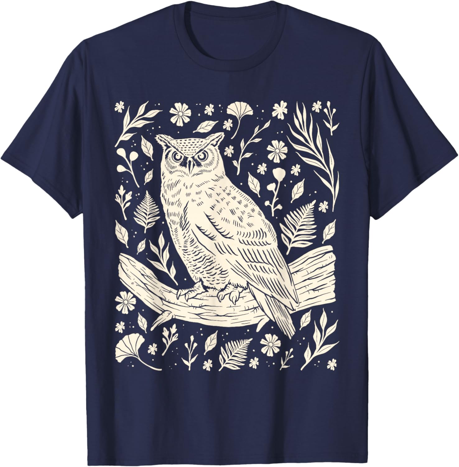 Wild Owl Linocut Bird Nature Lino Print Folk Art Forest T-Shirt - T-Shirt | Navy