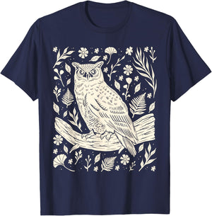 Wild Owl Linocut Bird Nature Lino Print Folk Art Forest T-Shirt - T-Shirt | Navy