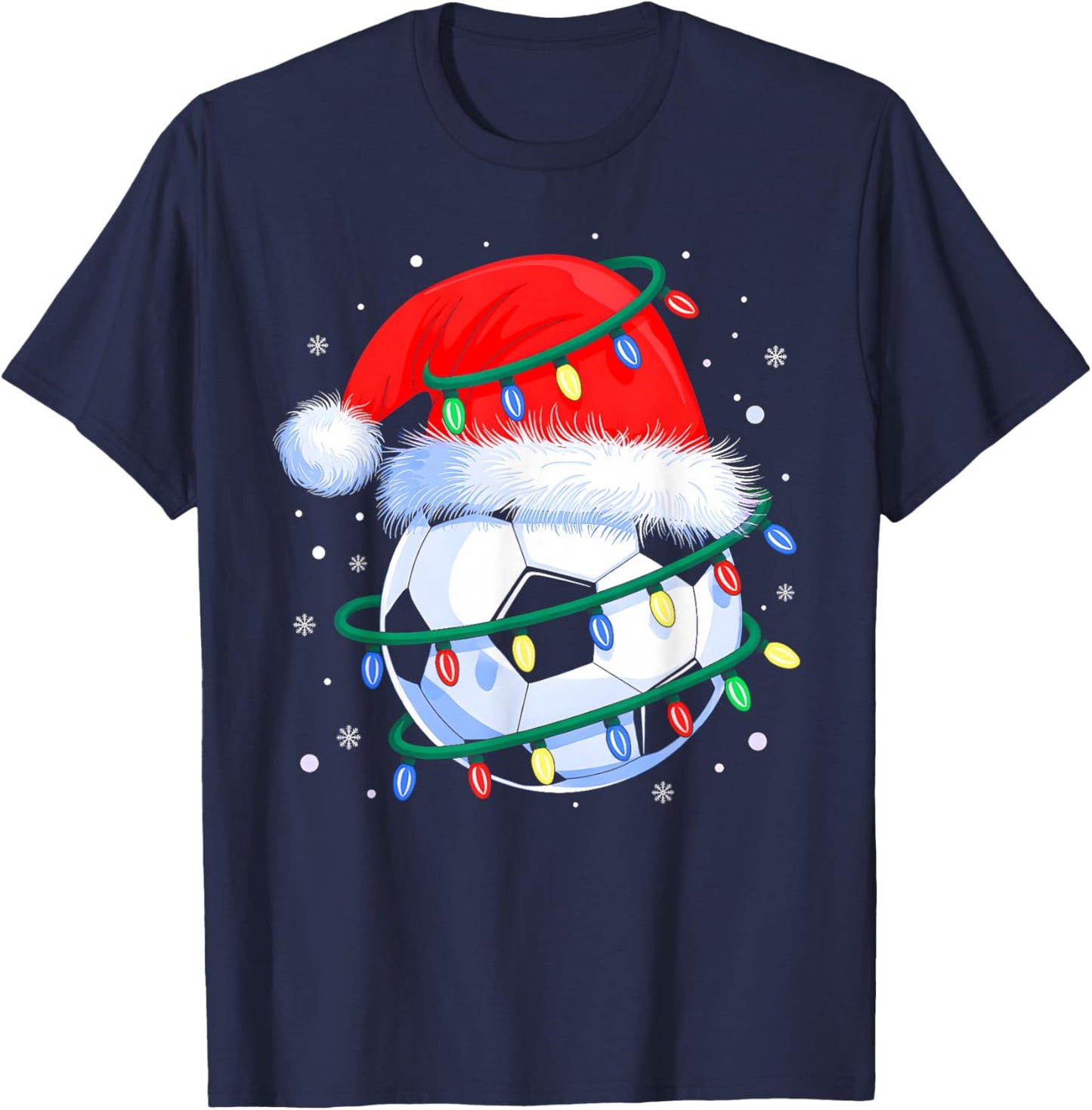 Funny Christmas Soccer Men Boys Santa Hat Xmas Tree Lights T-Shirt - T-Shirt | Navy