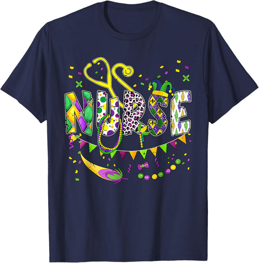 Nurse Mardi Gras Stethoscope Beads Leopard Festival Party T-Shirt - T-Shirt | Navy