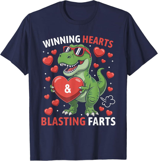 Winning Hearts & Blasting Farts Kids Valentines Dinosaur T-Shirt - T-Shirt | Navy