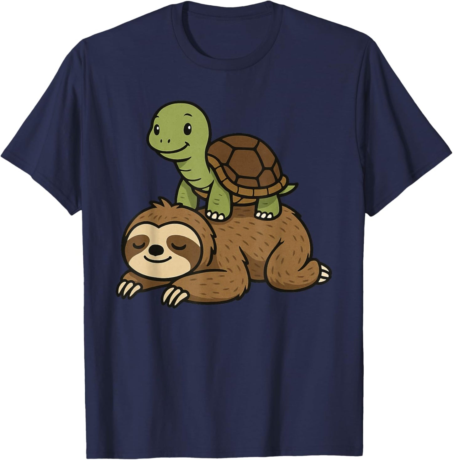 Turtle Sitting On A Sloth Funny T-Shirt - T-Shirt | Navy