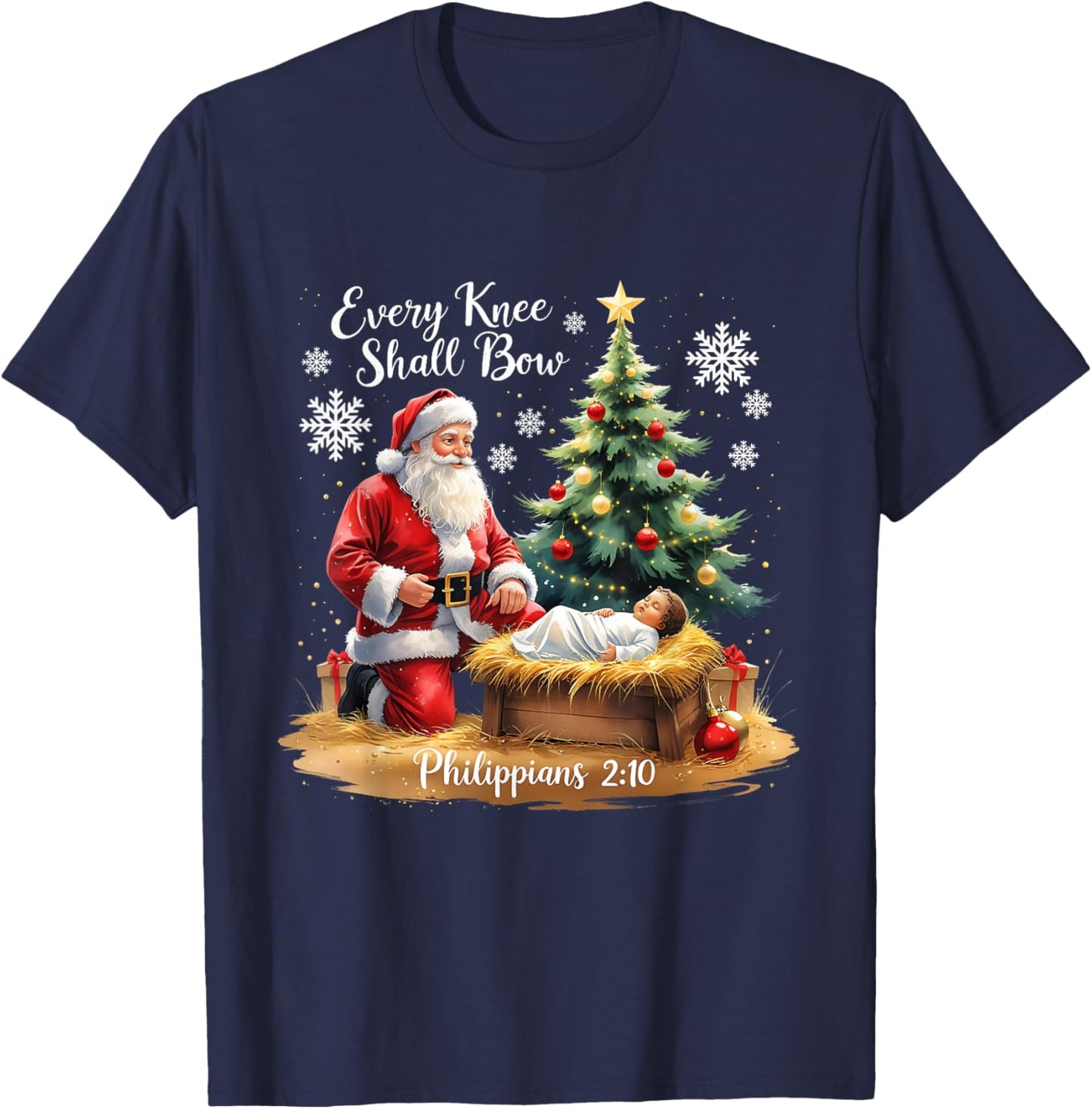 Every Knee Shall Bow Philippians 2:10 Christmas Design T-Shirt - T-Shirt | Navy