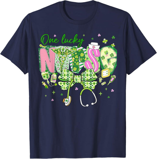 One Lucky Nurse St.Patrick's Day Coquette Bow Shamrock Women T-Shirt - T-Shirt | Navy