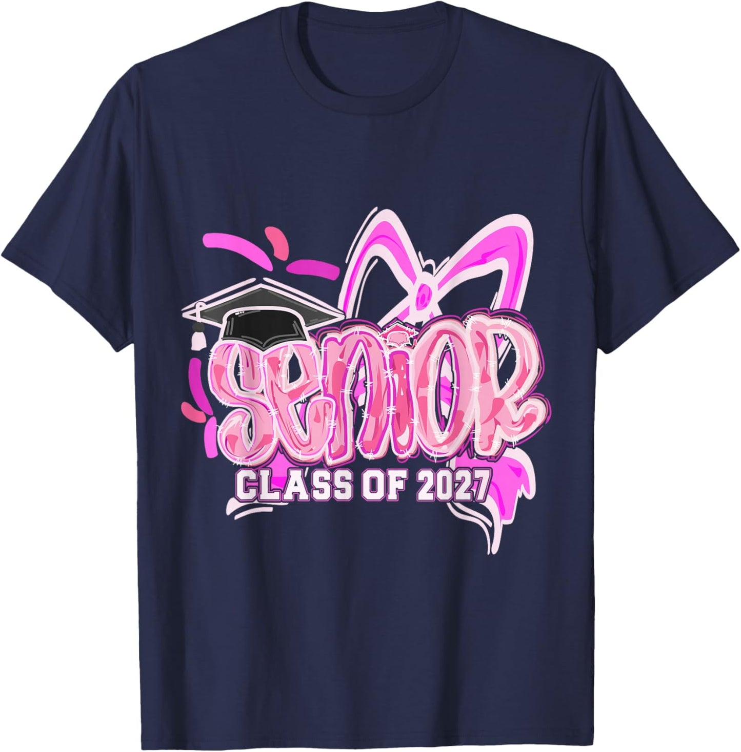 Graduation 2027 Senior 2027 Class of 2027 Coquette Pink Girl T-Shirt - T-Shirt | Navy