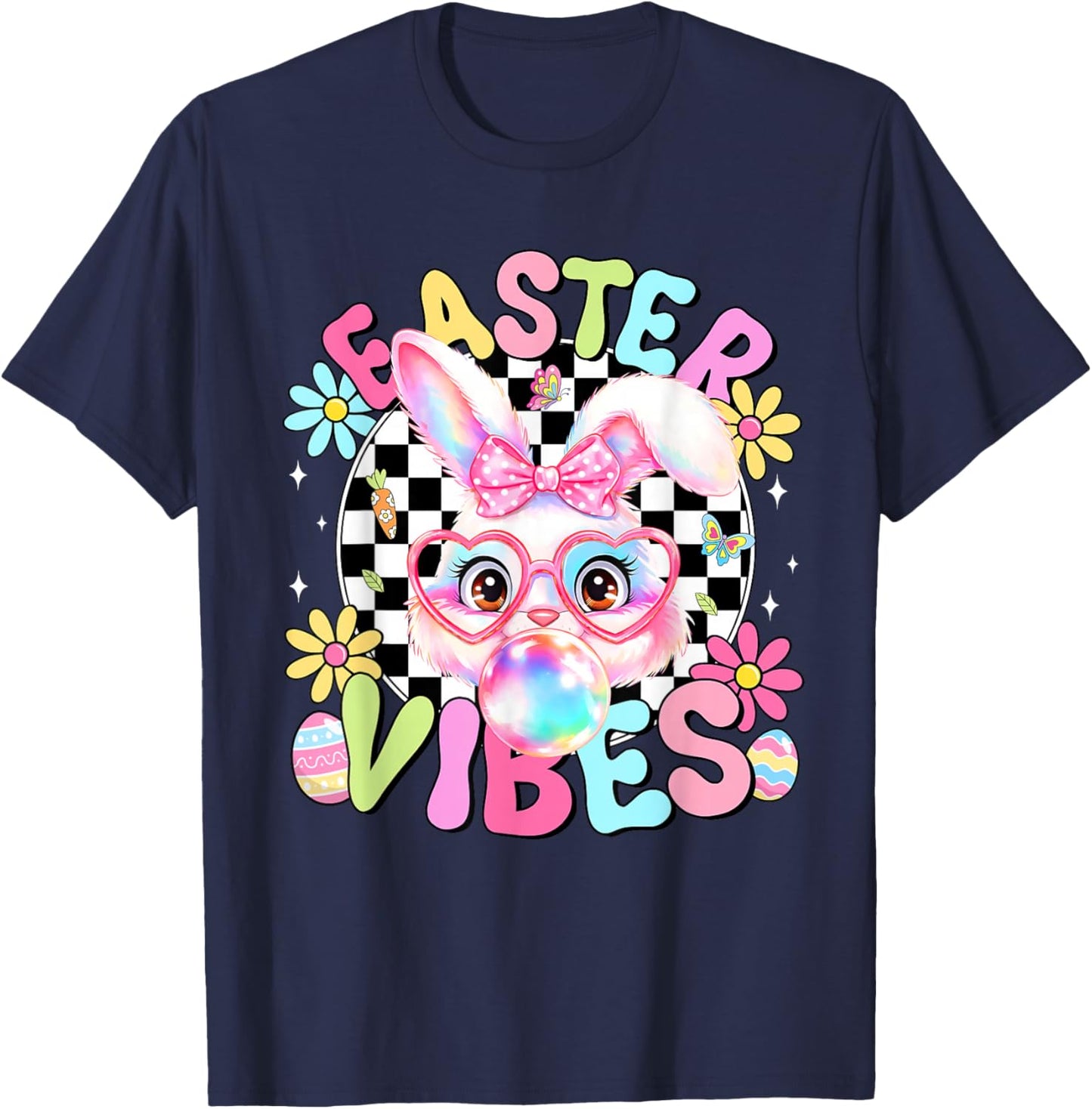 Happy Easter Vibes Cute Bunny Rabbit Bubble Gum Face Women T-Shirt - T-Shirt | Navy