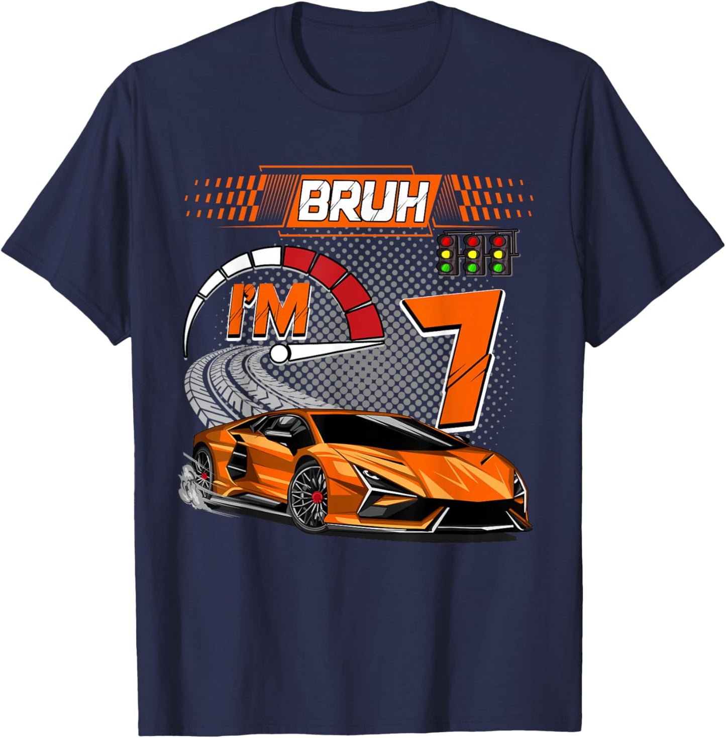 7th Birthday Bruh Racing Car Party Outfit 7 Year Old Boys T-Shirt - T-Shirt | Navy
