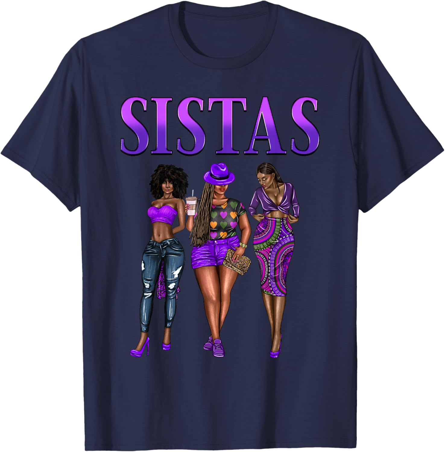Sistas Black Girls Girlfriends Sisters Afro Women Together T-Shirt - T-Shirt | Navy