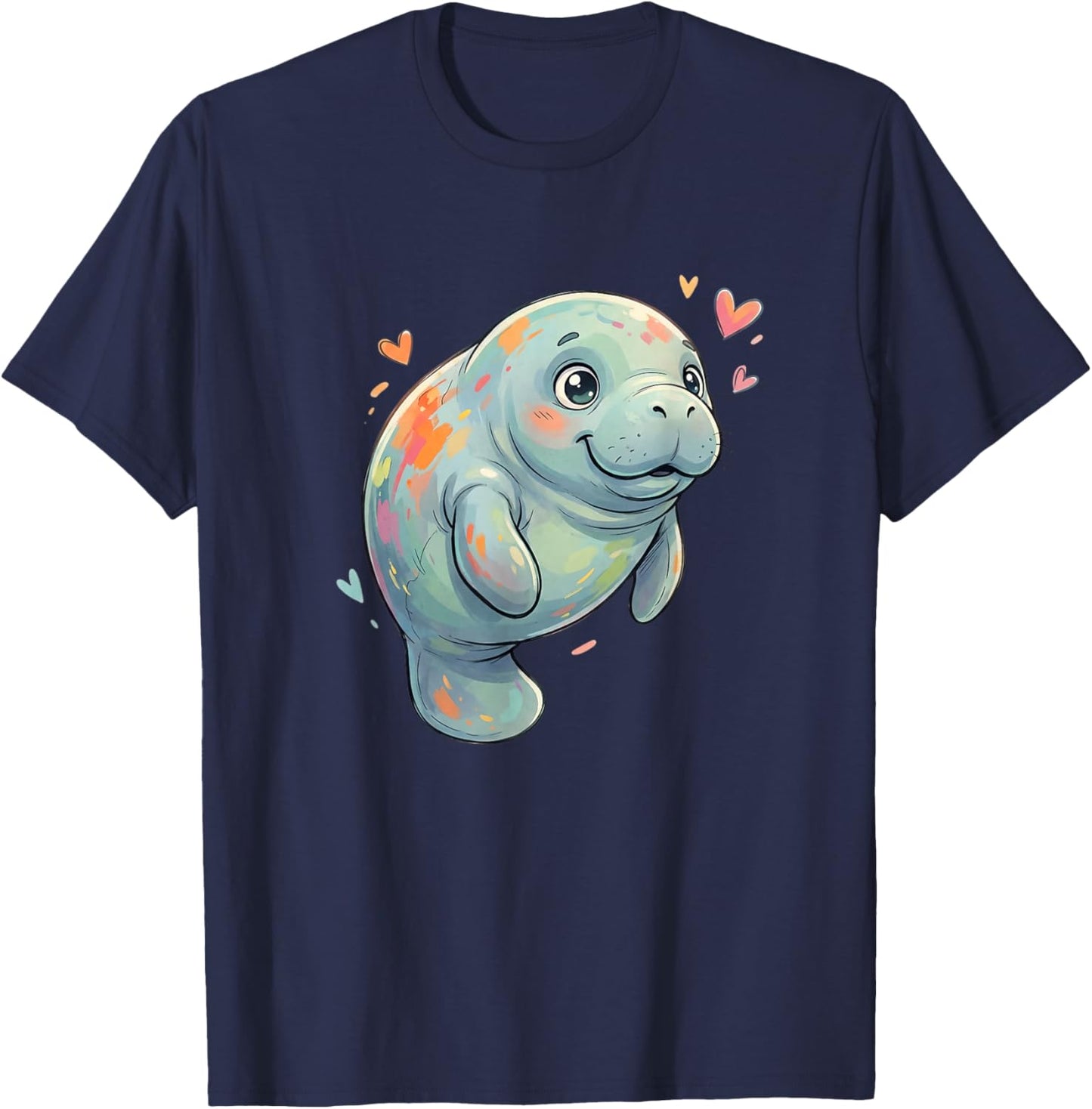 Adorable Colorful Manatee with Hearts Lovers T-Shirt - T-Shirt | Navy