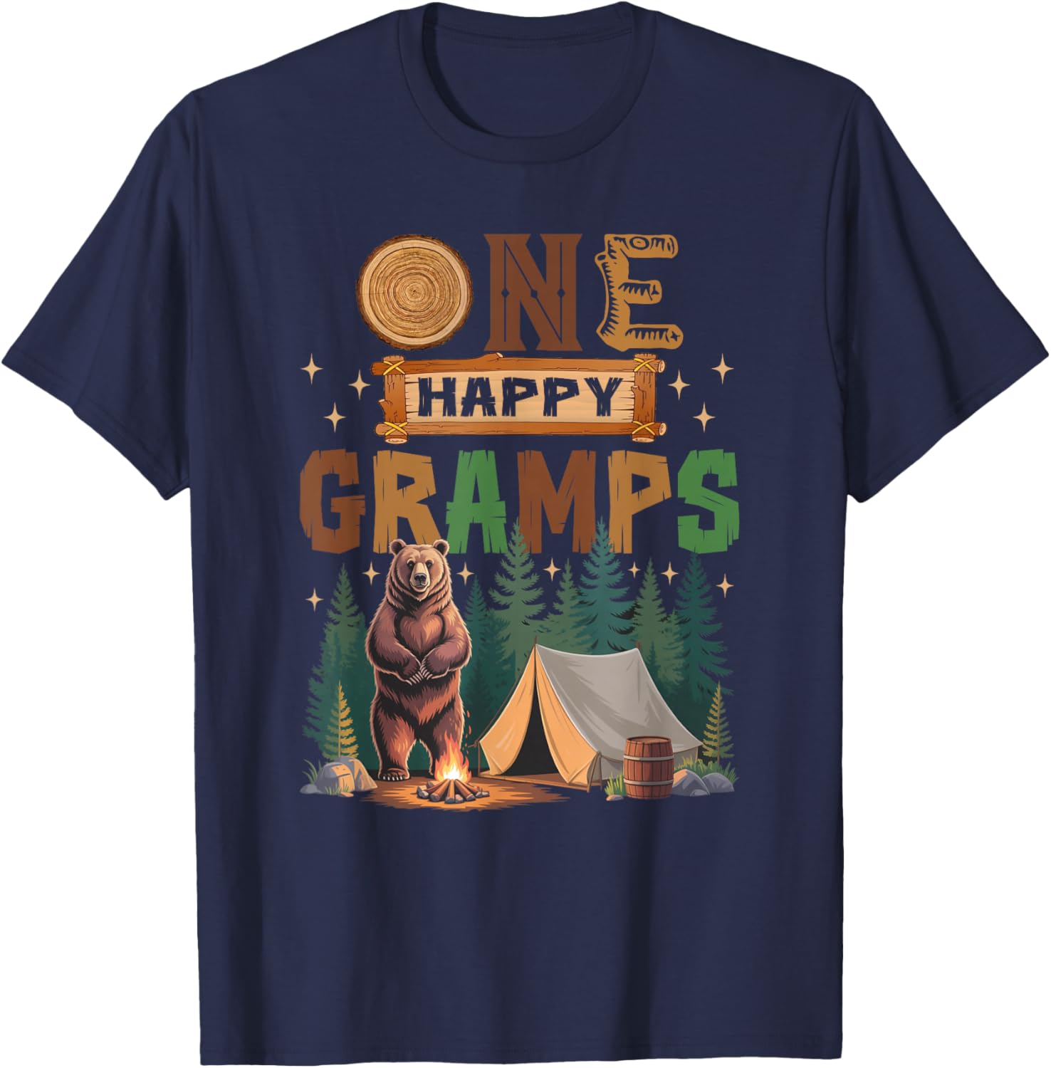 One Happy Gramps Camper 1St Birthday Camping Bear T-Shirt - T-Shirt | Navy