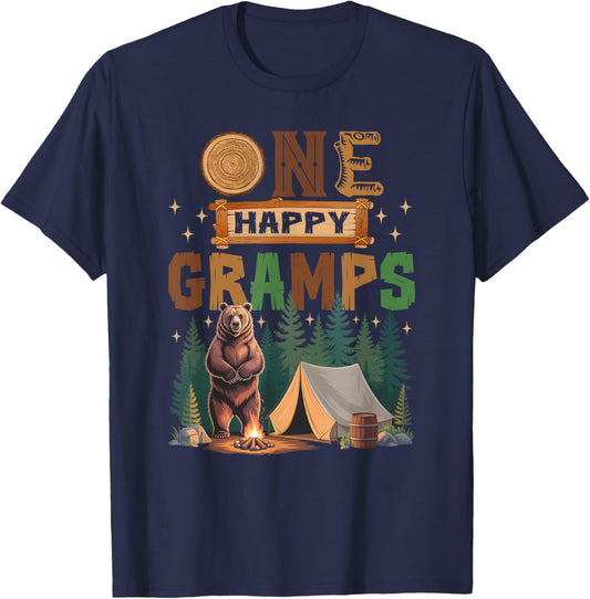 One Happy Gramps Camper 1St Birthday Camping Bear T-Shirt - T-Shirt | Navy