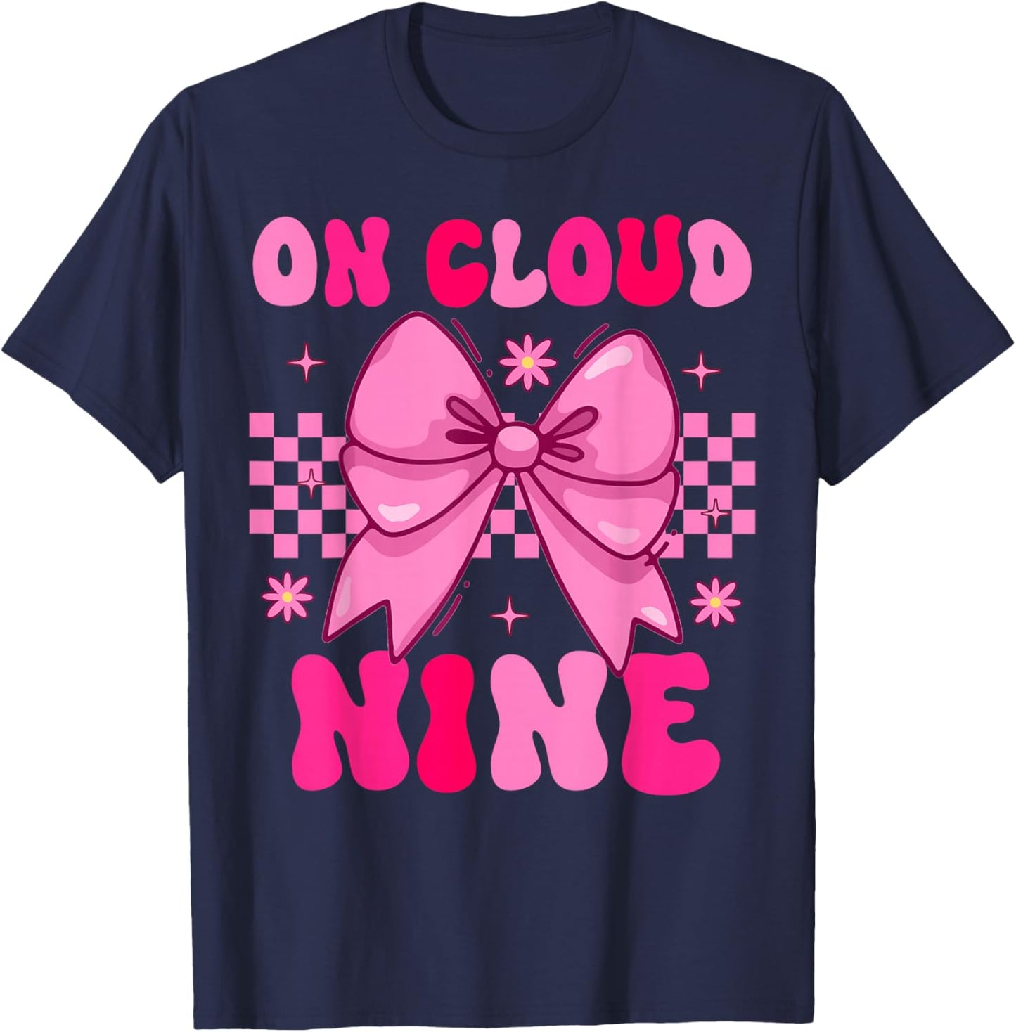 Groovy On Cloud Nine Bday 9th Birthday Girl Coquette Bow T-Shirt - T-Shirt | Navy