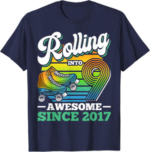 Rolling Into 9 Roller Skating Birthday Party 9th Birthday T-Shirt - T-Shirt | Navy