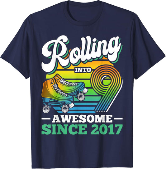 Rolling Into 9 Roller Skating Birthday Party 9th Birthday T-Shirt - T-Shirt | Navy