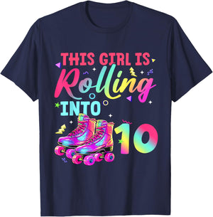 This Girl is Rolling Into 10 Colorful Roller Birthday Design T-Shirt - T-Shirt | Navy