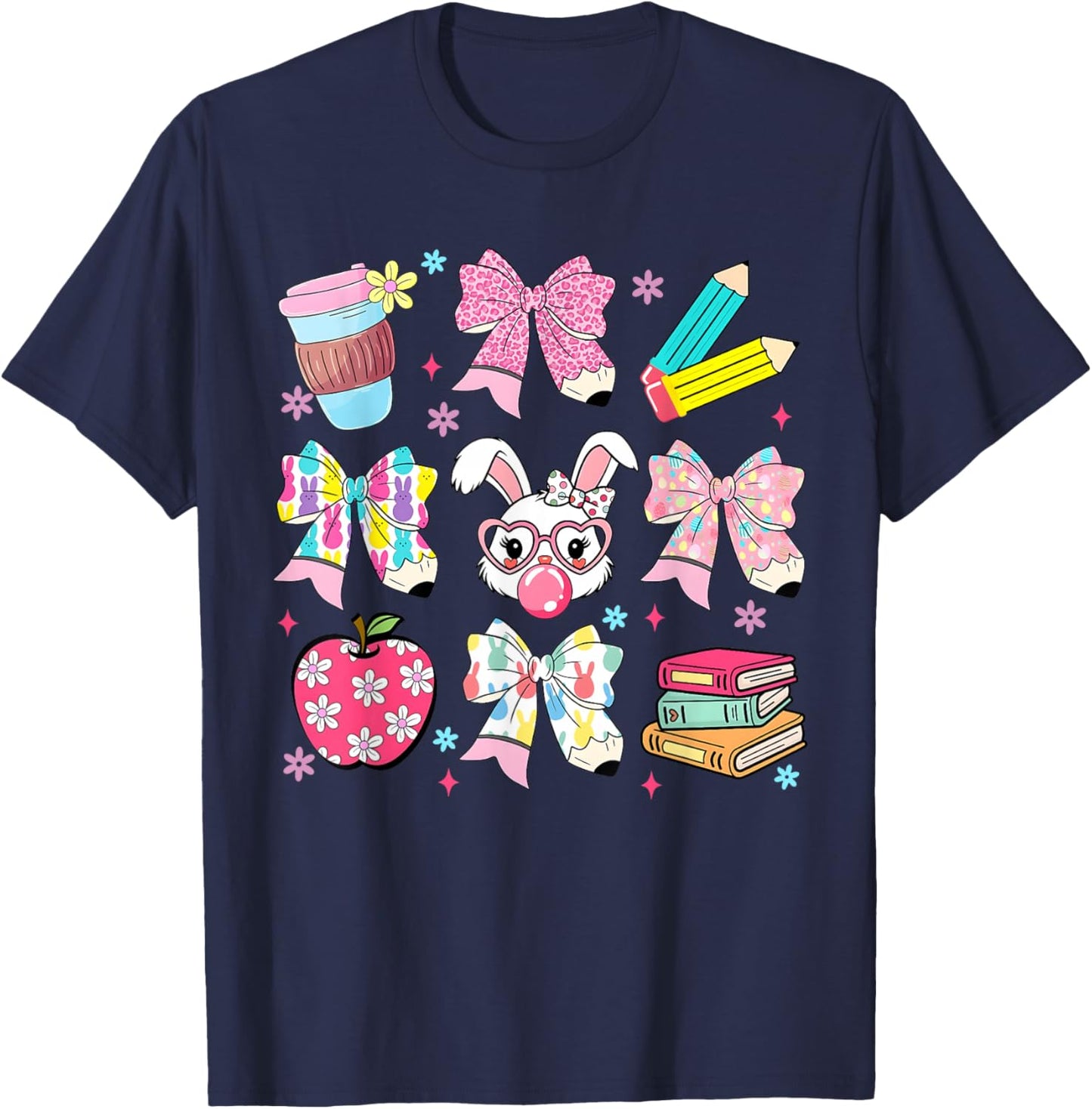 Happy Easter Teacher Bunny Eggs Coquette Bow Apple Women T-Shirt - T-Shirt | Navy