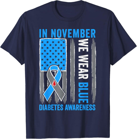 in November We Wear Ribbon Blue U.S. Flag Diabetes Awareness T-Shirt - T-Shirt | Navy