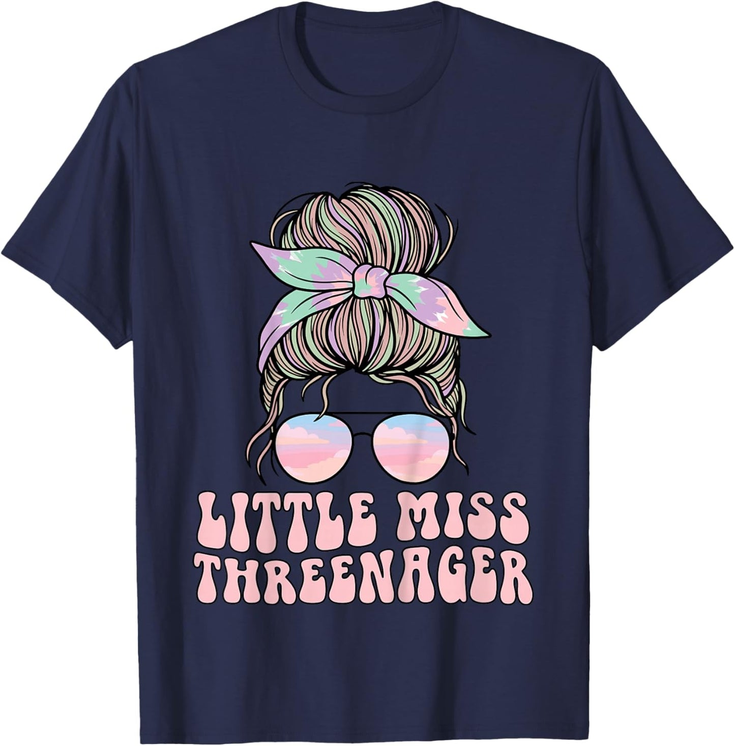 Messy Bun Miss Threenager 3rd Birthday 3 Years Girls Kids T-Shirt - T-Shirt | Navy
