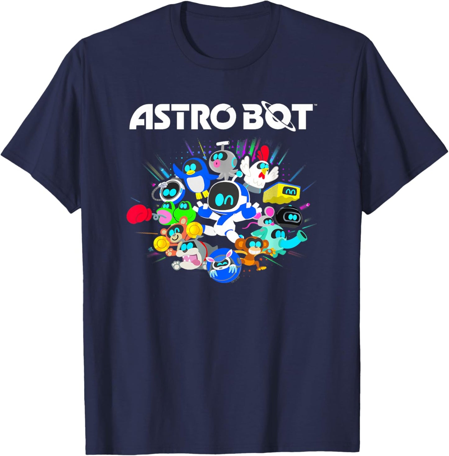 Astro Bot and Friends Character Burst Colorful Video Game T-Shirt - T-Shirt | Navy