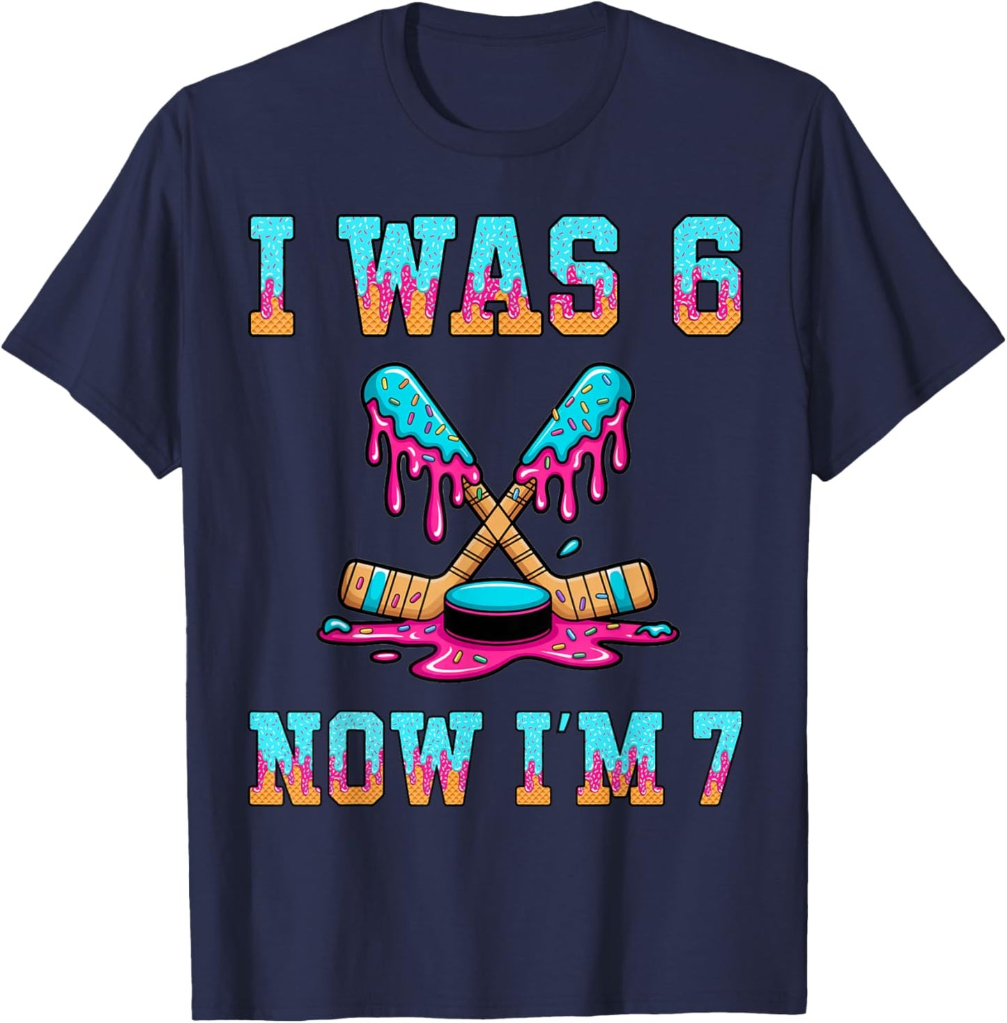 I was 6 Now I'm 7 Hockey Boys 7th Birthday Theme Kids Girls T-Shirt - T-Shirt | Navy