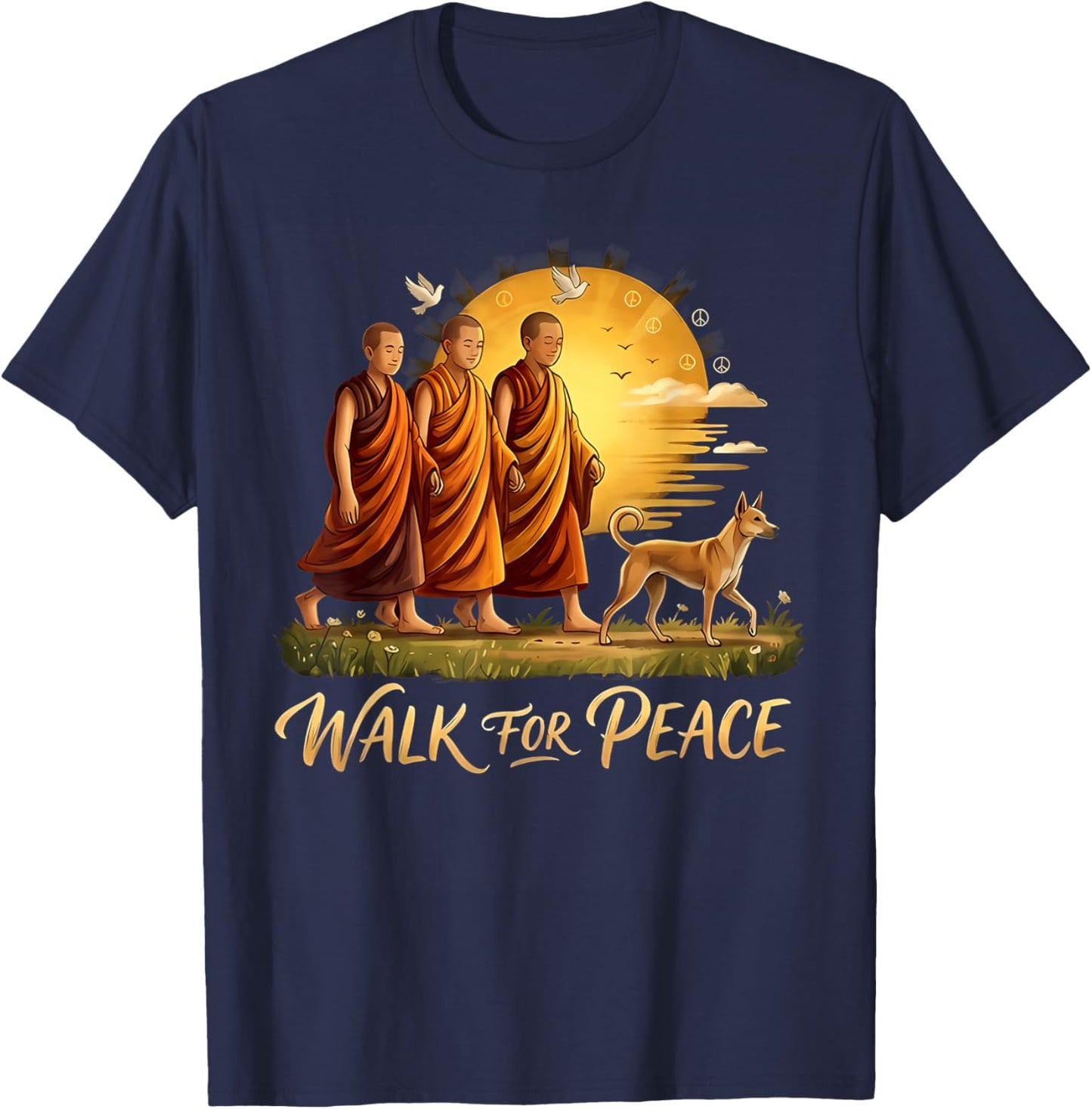Walk for Peace Monks with Aloka Dog Sunset Peace Sign Art T-Shirt - T-Shirt | Navy