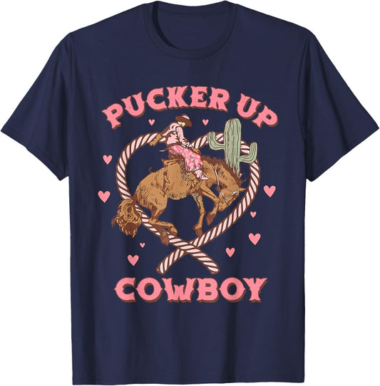Pucker Up Cowboy Retro Groovy Howdy Valentines Cowboy Hat T-Shirt - T-Shirt | Navy