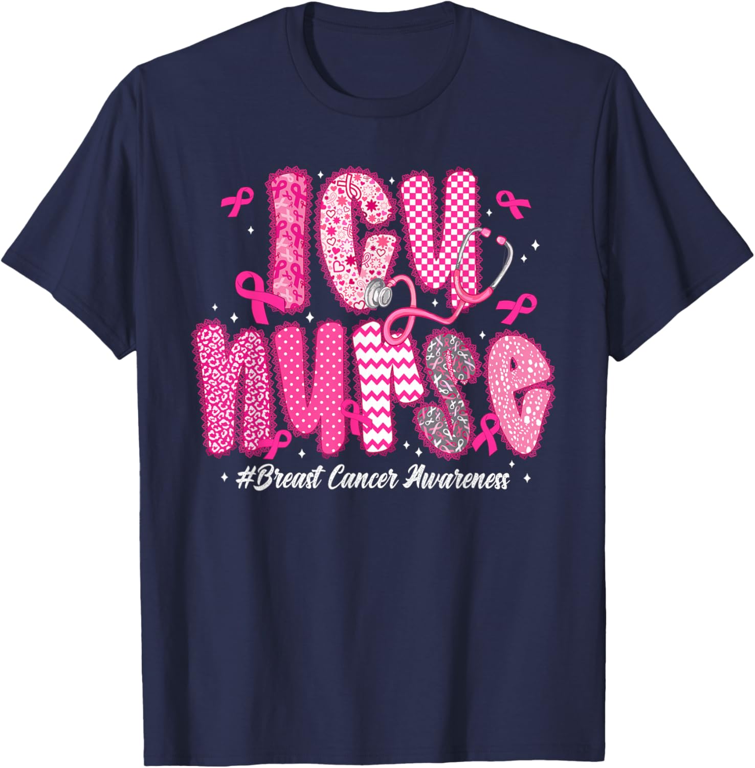 in October We Wear Pink ICU Nurse Breast Cancer Awareness T-Shirt - T-Shirt | Navy