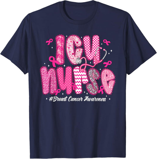 in October We Wear Pink ICU Nurse Breast Cancer Awareness T-Shirt - T-Shirt | Navy