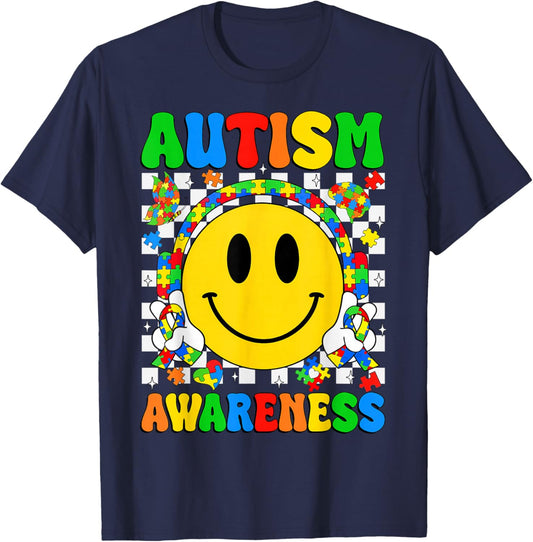 Autism Awareness Autism Squad Support Smile Face Women Men T-Shirt - T-Shirt | Navy