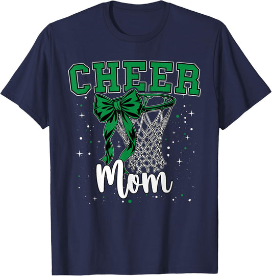 Green Cheer Mom Bow Sport Basketball Game Cheerleading Mama T-Shirt - T-Shirt | Navy