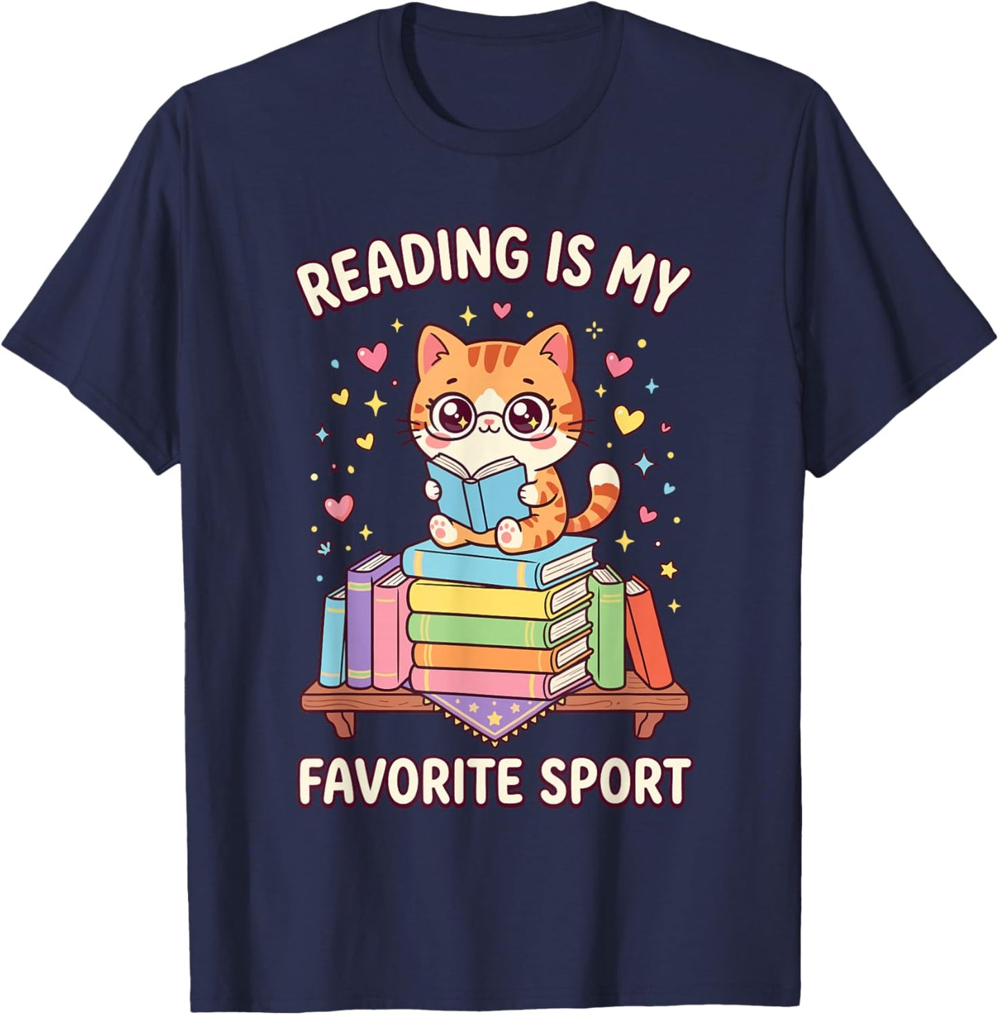 Reading is My Favorite Sport Cute Kawaii Cat Bookworm Kids T-Shirt - T-Shirt | Navy