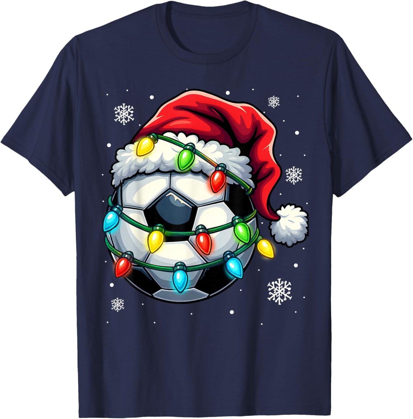 Christmas Soccer Ball Santa Hat Xmas Lights Funny Men Boys T-Shirt - T-Shirt | Navy