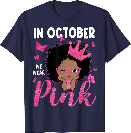 in October We Wear Pink Breast Cancer Black Afro Girls Kids T-Shirt - T-Shirt | Navy