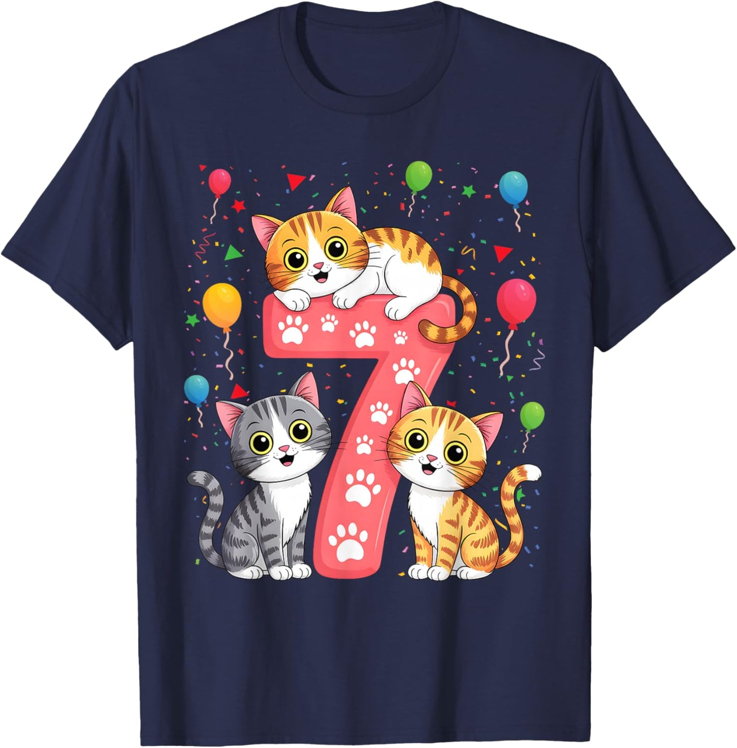 Kids 7th Birthday Girl Cats Outfit 7 Years Old T-Shirt - T-Shirt | Navy