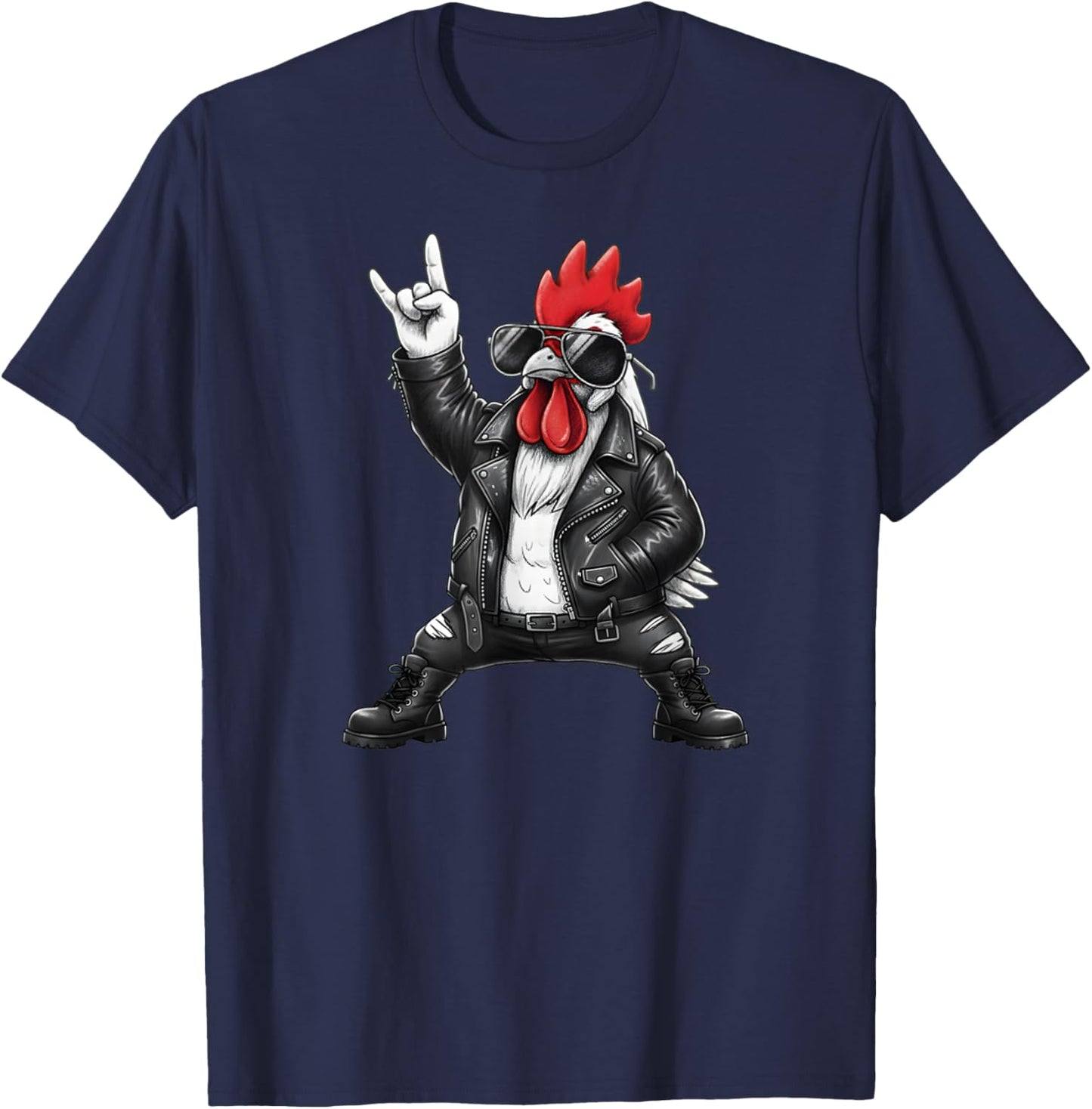 Cool Rock and Roll Rooster in Leather Jacket Art T-Shirt - T-Shirt | Navy