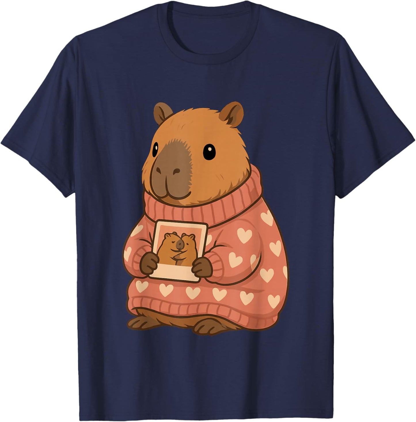 Capybara in Heart Sweater with Photo Illustration T-Shirt - T-Shirt | Navy
